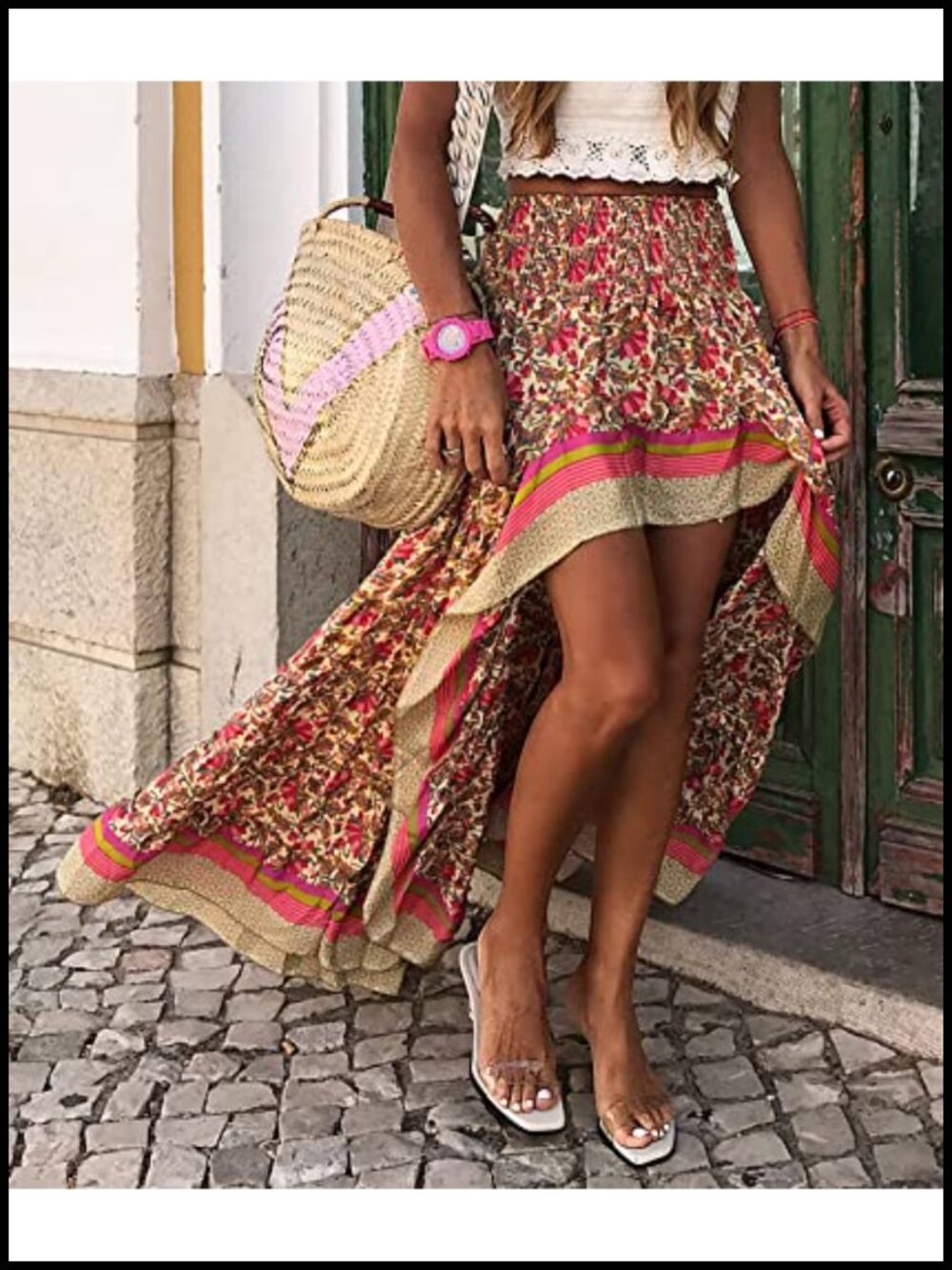 Women's Floral Print High Low Ruffle Maxi Skirt - Elastic Waist - Picture 3 of 6